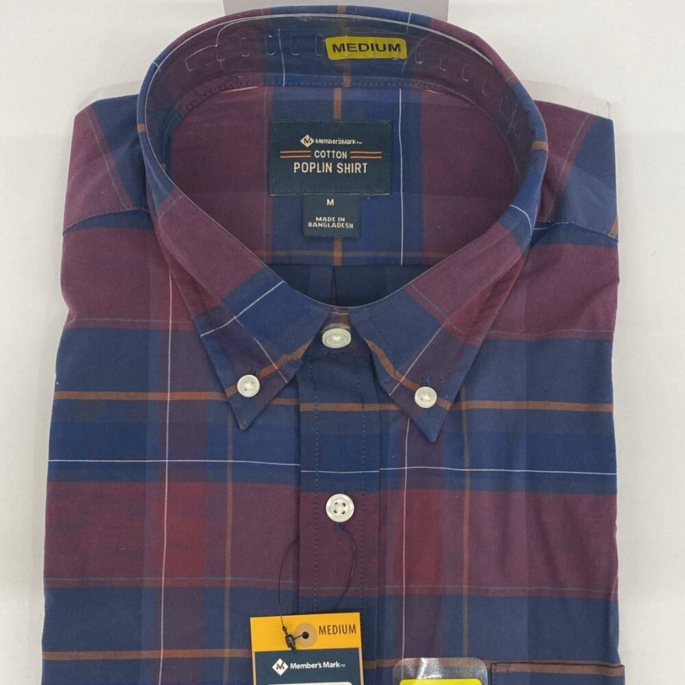 NWT Member's Mark Cotton Poplin Shirt, Large Red/Blue Plaid, Long Sleeve, Size M